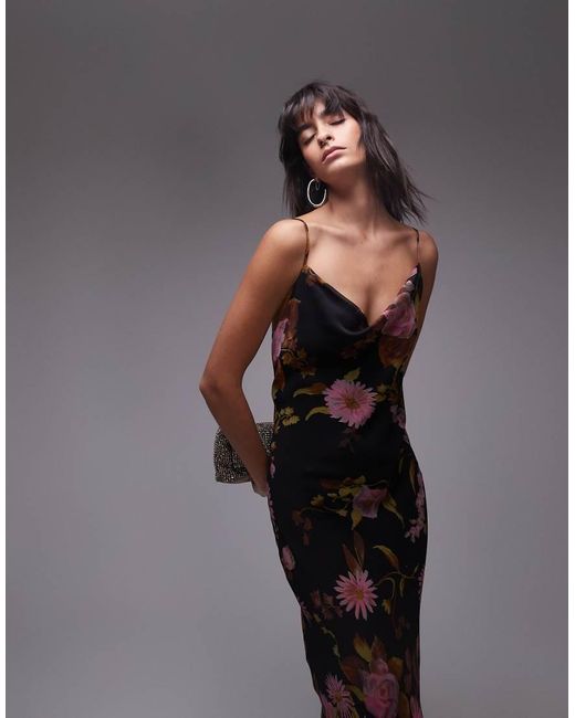 Sottoveste Midi Con Scollo Ad Anello Attorcigliato Sul Retro Rosa E Lime A Fiori di TOPSHOP in Gray