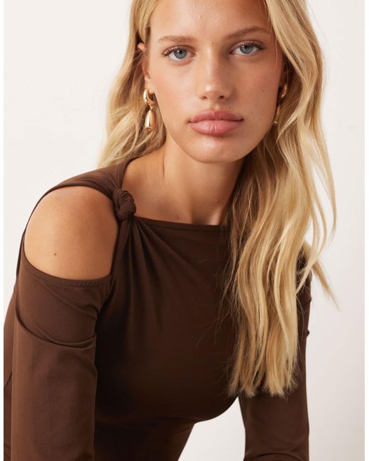 ASOS Brown Polyamide Twist Cold Shoulder Top