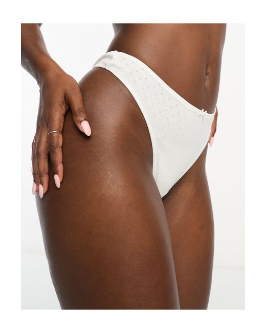 Monki White Thong With Lace Trim And Bow