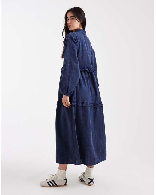 Native Youth Blue Textured Stripe Washed Ruffle Midaxi Dress