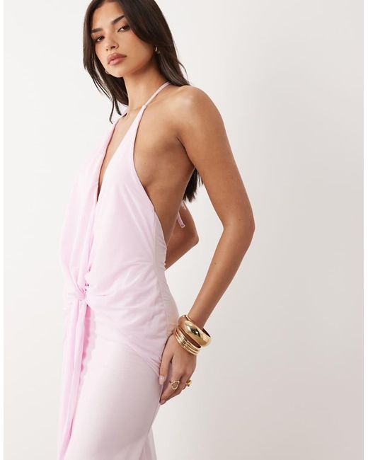 ASOS Pink Plunge Maxi Dress With Frill Detail