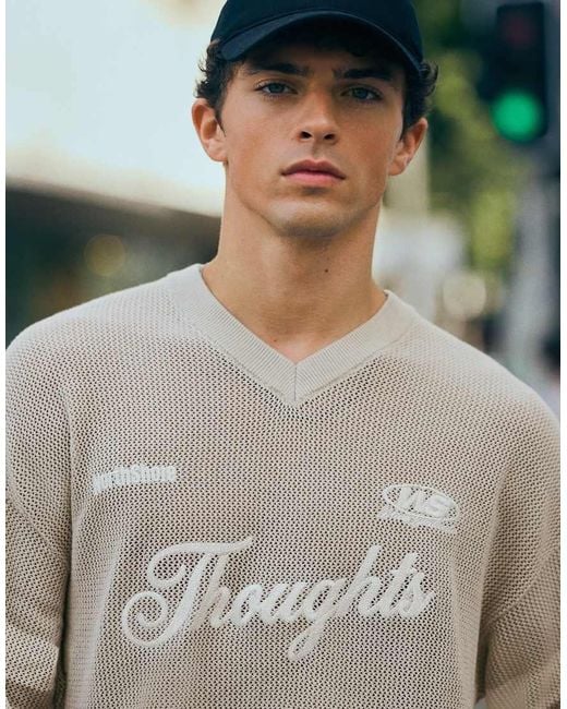 Bershka White Embroidered Mesh V-neck T-shirt for men