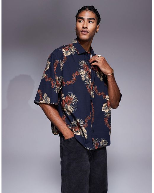 Chemise coupe carrée oversize à imprimé fleurs - et bleu marine ASOS pour homme en coloris Blue