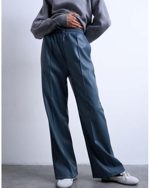 TOPSHOP Blue Faux Leather Wide Leg Sweatpants With Pinseam Detail
