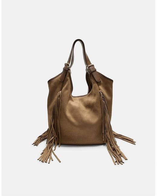 Stradivarius Brown Faux Suede Bag With Maxi Fringe