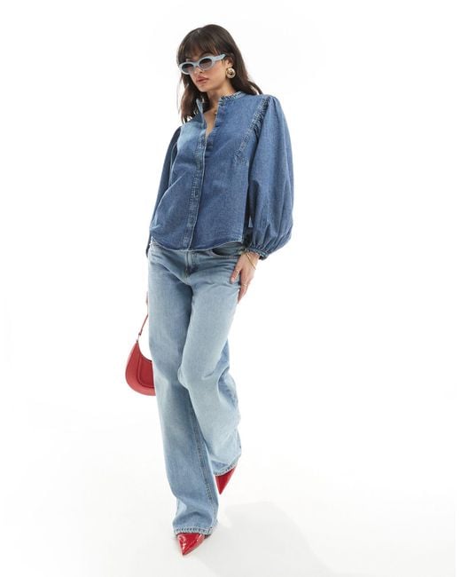 & Other Stories Blue Denim Blouse With Volume Sleeves