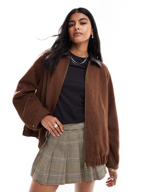 ASOS Brown Wool Blend Heritage Leather Look Collar Bomber Jacket