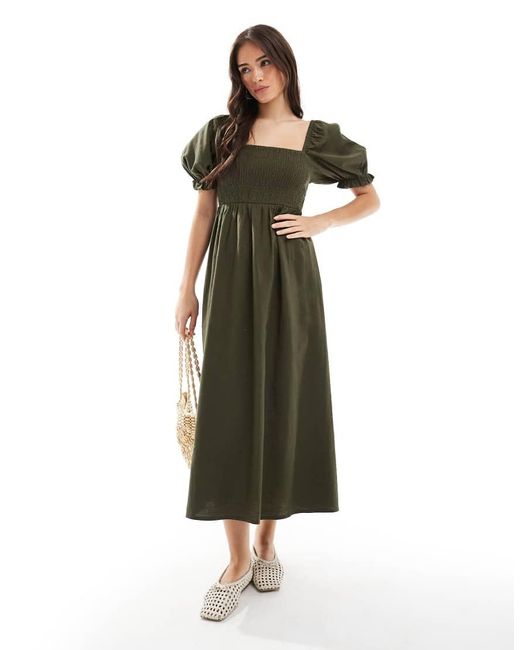 Vestido Midi Caqui De Estilo Mesonera Con Mangas Abullonadas De -Verde New Look de color Green