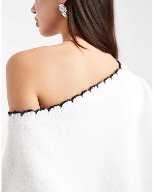 Miss Selfridge White Asym Off The Shoulder Blanket Stitch Slouchy Jumper