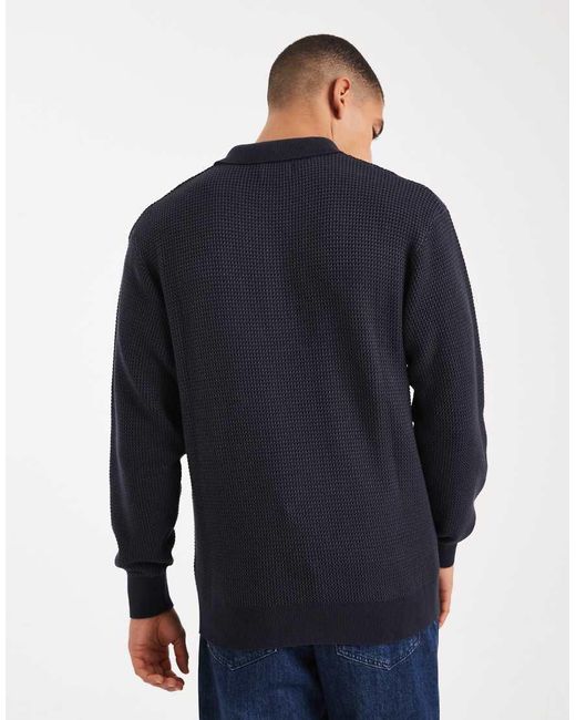 Farah Blue Gateacre Knit Long Sleeve Polo Shirt for men