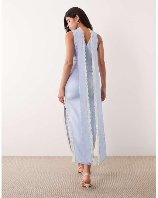 Kaiia Blue Exclusive Satin Contrast Lace Trim Scarf Detail V-Neck Thigh Split Maxi Dress