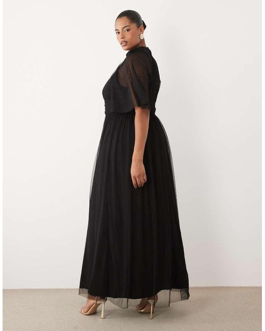 Lace & Beads Plus Black Tulle High Neck Flutter Sleeve Maxi Dress