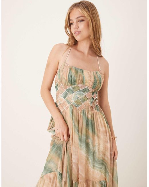 ASOS Natural Ruched Bust Cami Maxi Dress With Lattice Waist Detail