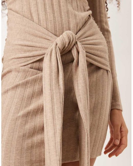 ASOS Natural Ribbed High Neck Tie Front Mini Dress