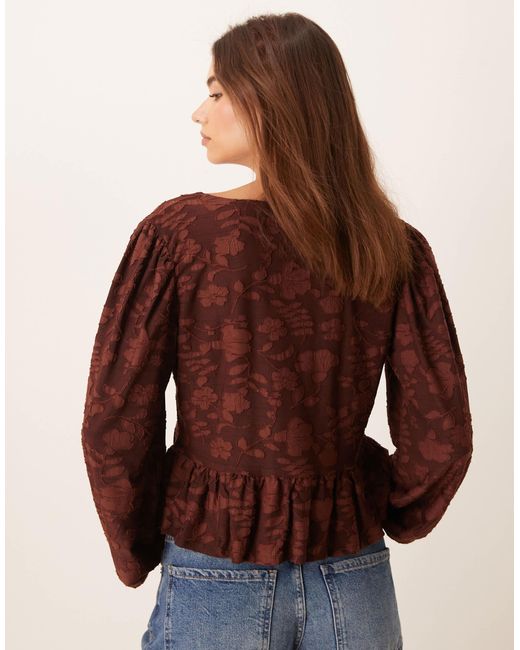 Miss Selfridge Brown Lace Puff Sleeve Tie Front Top