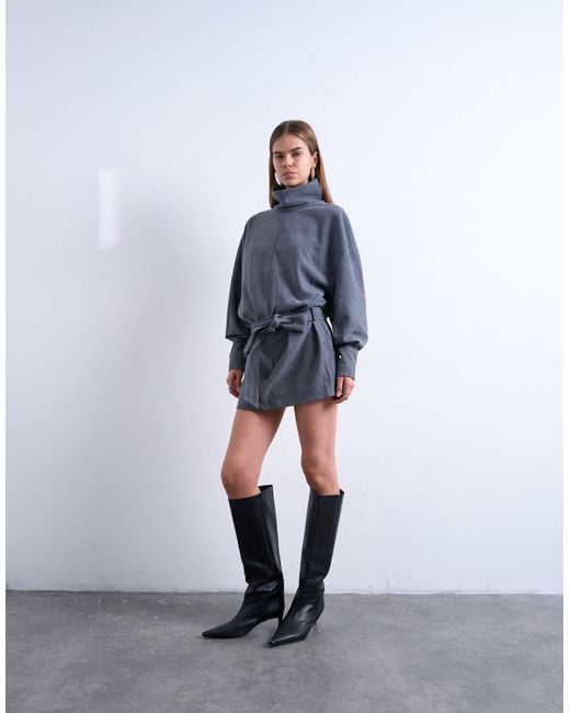 TOPSHOP Blue Real Suede Funnel Neck Cinch Waist Long Sleeve Mini Dress