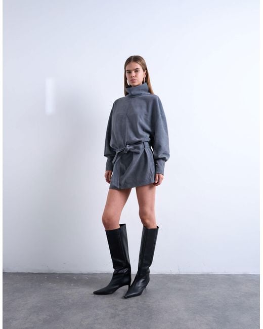 TOPSHOP Blue Real Suede Funnel Neck Cinch Waist Long Sleeve Mini Dress