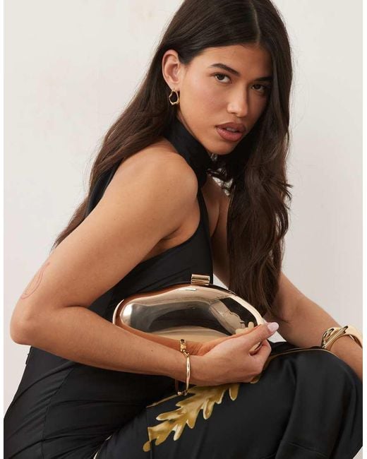 True Decadence Natural Metallic Hard Clutch Bag With Detachable Crossbody Strap