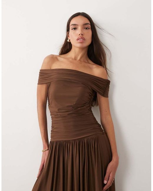 Abercrombie & Fitch Brown Off The Shoulder Drop Waist Maxi Dress