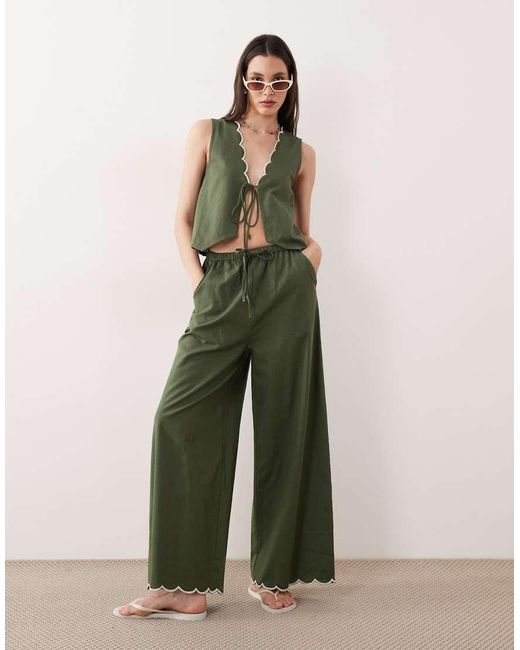 esmé studios Green Tie Front Beach Pants With Cream Scallop Trim