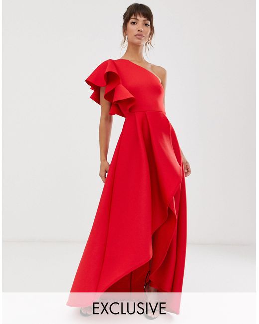 True Violet Red Frill One Shoulder High Low Prom Maxi Dress