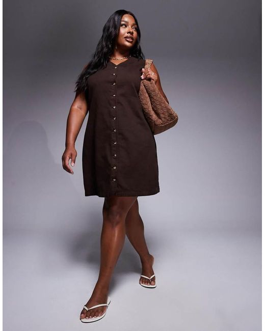 ASOS Brown Asos Design Curve Denim V Neck Dress With Button Through