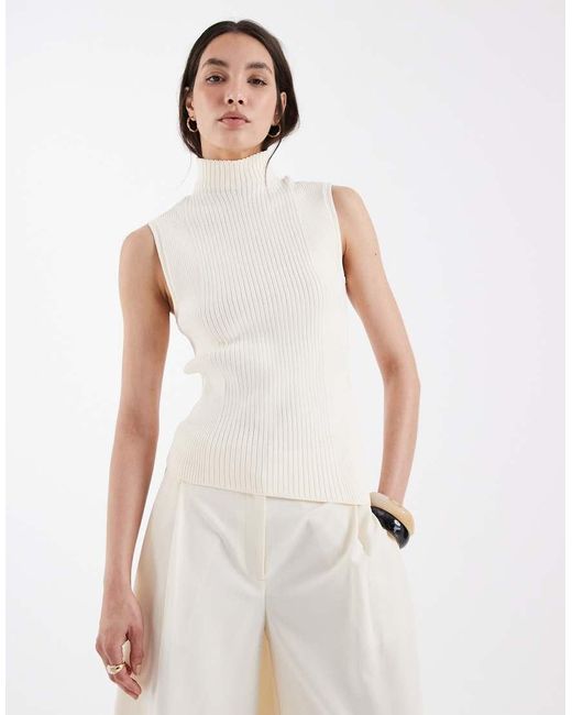 ASOS Natural Fine Knit High Neck Asymmetric Hem Top