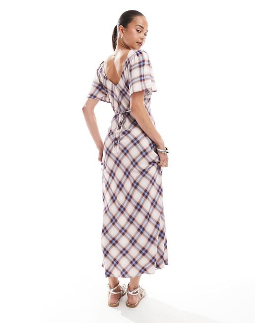 New Look Geruite Midi Jurk Met Kant En Uitlopende Mouwen in het Pink