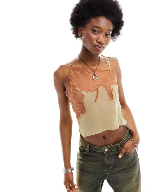 Collusion Natural Sheer Asymmetric Cami Top With Lace Detail