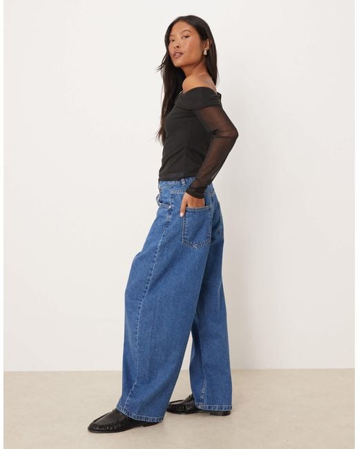 ASOS Blue Asos Design Petite High Waisted Barrel Leg Jeans