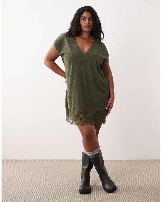 ASOS Green Asos Design Curve Cord V Neck Lace Trim Mini Shift Dress