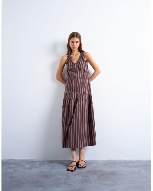 TOPSHOP Brown Dropped Waist Chuck On Poplin Midi Dress