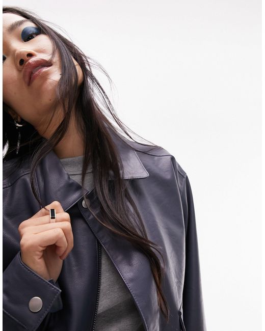 TOPSHOP Blue Faux Leather Oversized Pocket Collar Bomber Jacket