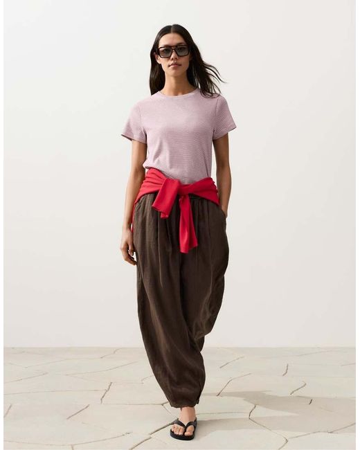 Oysho Red 100% Linen Pleated Balloon Trousers