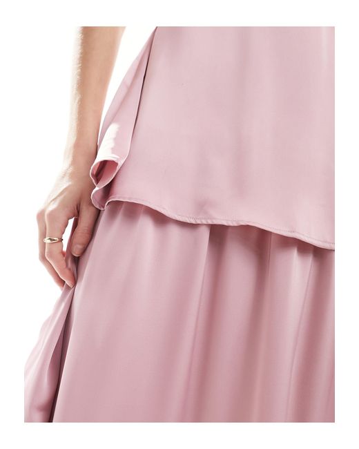 Vila Pink Bridesmaid Satin Tiered Maxi Dress With Tie Belt