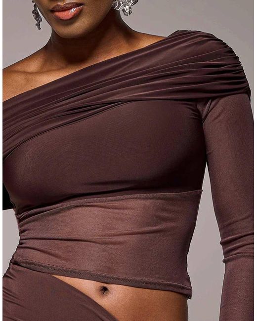 Goddiva Purple Gathered Bardot Asymmetric Mesh Panel Top