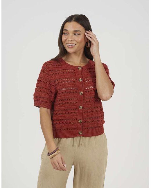 Brave Soul Red Short Sleeve Pointelle Knit Crew Neck Cardigan