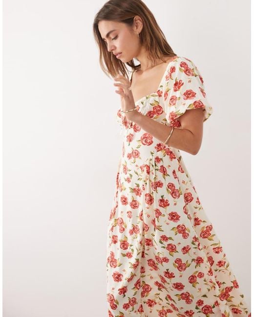 New Look Pink Rose Print Milkmaid Midi Dress