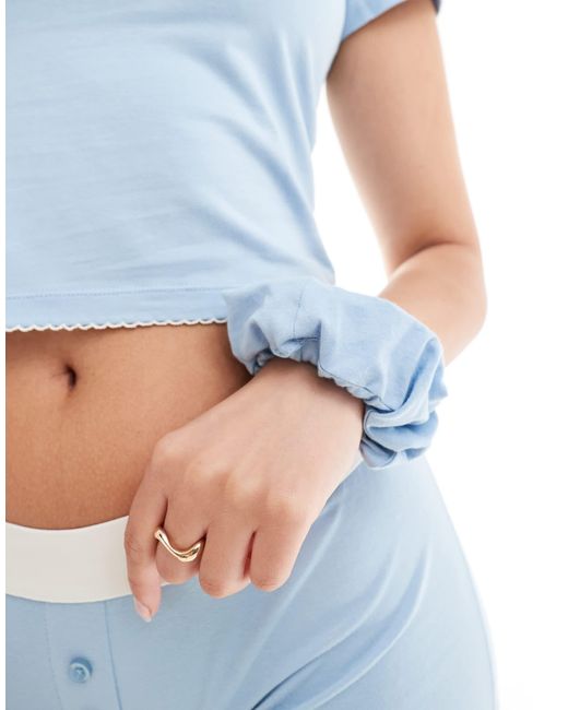 ASOS Blue Mix & Match Fitted Pyjama Tee With Picot Trim And Scrunchie