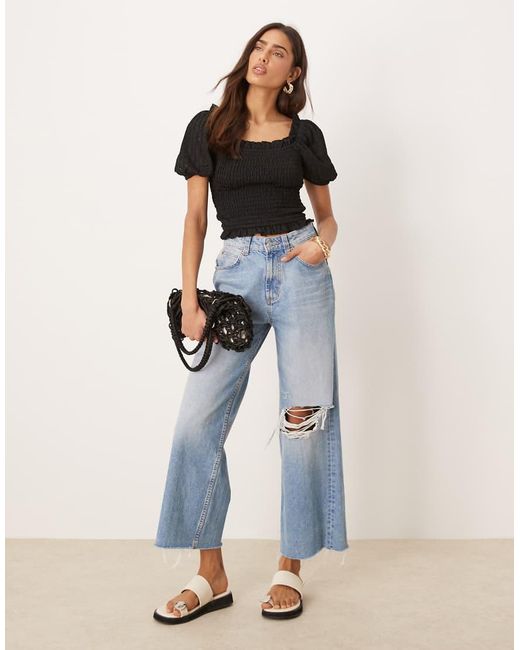 Gina Tricot Blue Puff Sleeve Frill Shirred Top