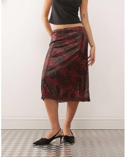 Reclaimed (vintage) Multicolor Sequin Midi Skirt With Lace Hem
