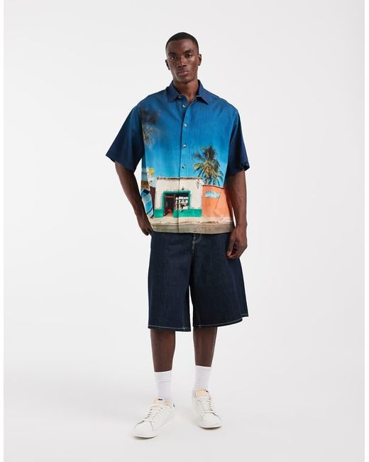 ASOS Blue Oversized Holiday Print Shirt With Linen for men