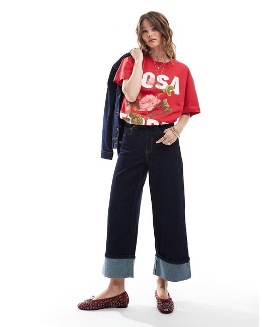 ONLY Blue Cropped Wide Leg Fold Jeans Co-ord