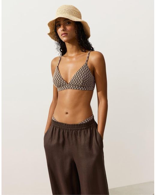 Oysho Brown Floral Jacquard Triangle Bikini Top