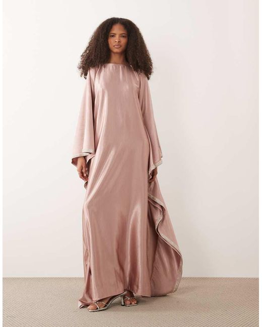 Iyal Pink Satin Embellished Side Panel Kaftan Maxi Dress