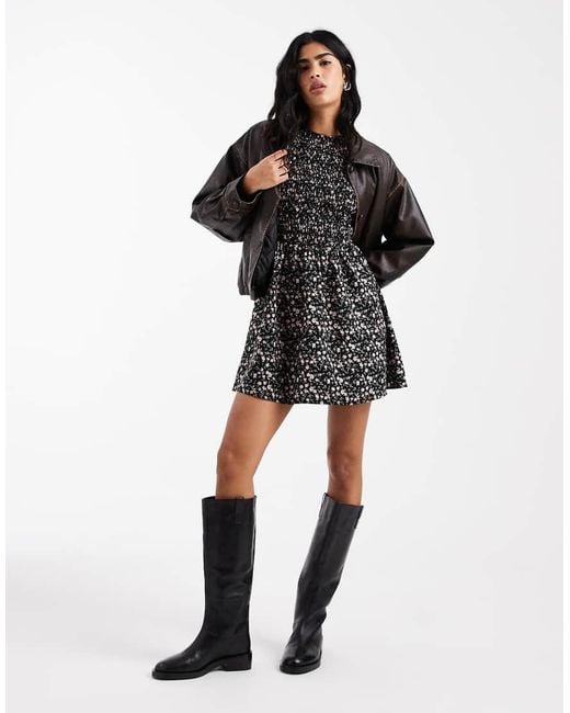 Daisy Street Black Long Sleeve Shirred Mini Smock Dress