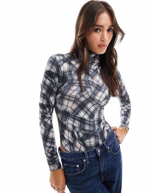 Bershka Blue High Neck Long Sleeve Bodysuit