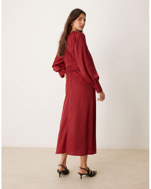 Miss Selfridge Red Satin Jacquard Button Through Lace Trim Midi Dress