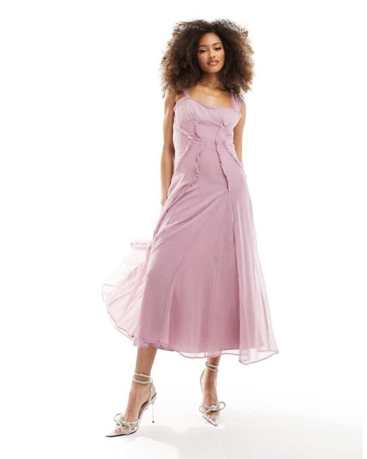 ASOS Pink Gathered Corset Detail Midi Dress With Cap Sleeve And Raw Edges