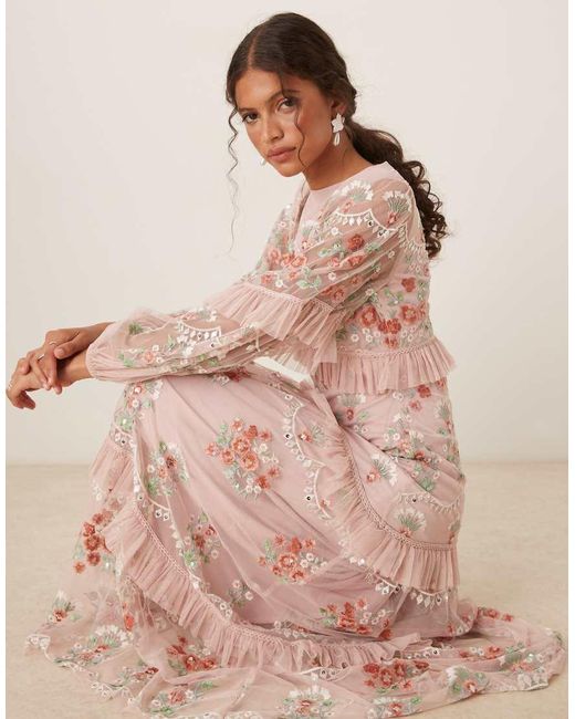 Maya Pink Embroidered Long Sleeve Maxi Dress